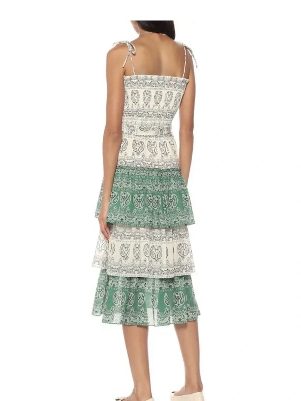 Tory Burch Green and Cream Paisley Tiered Midi Dress