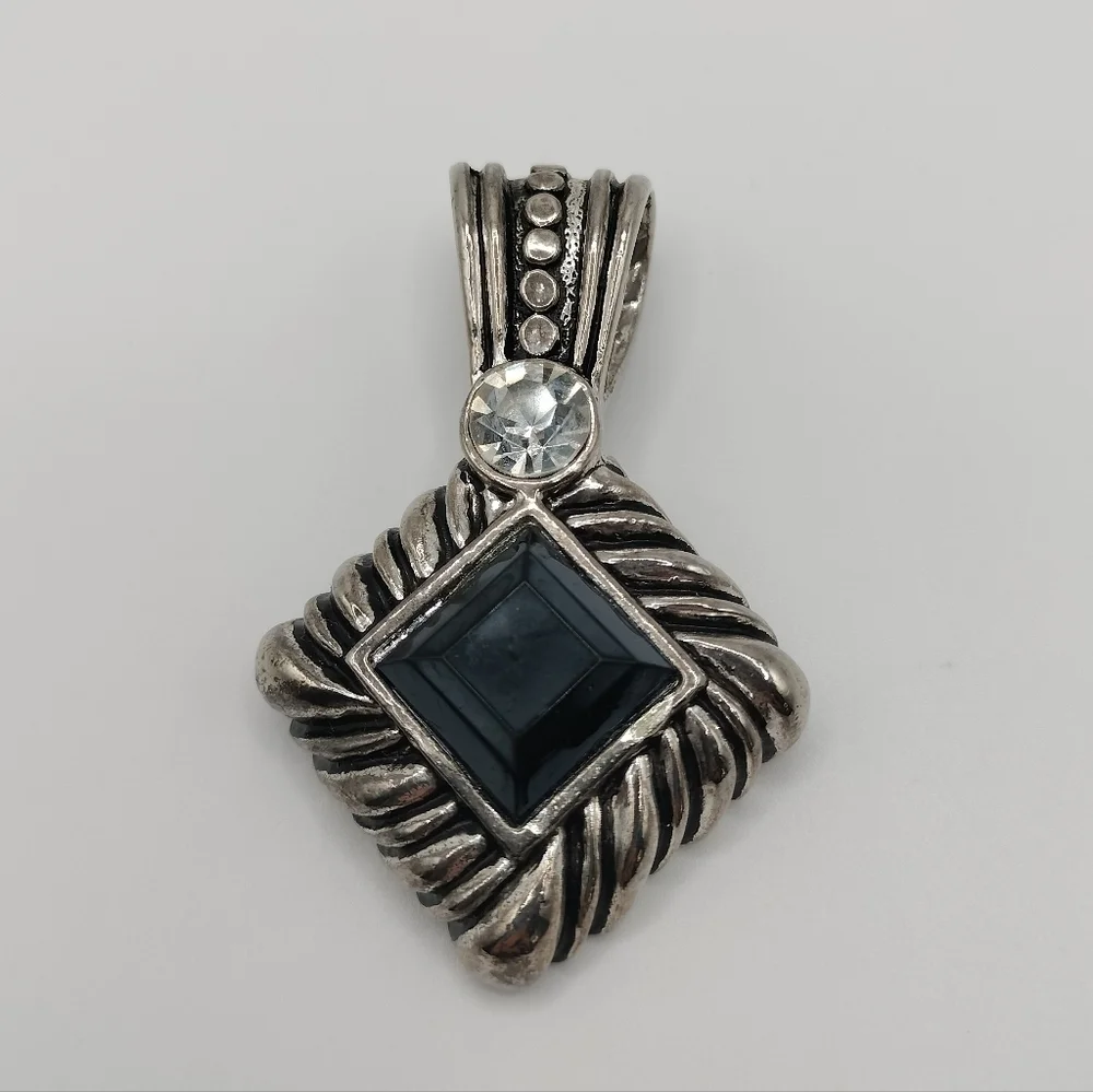 Women's Silver Tone and Black Square Pendant Accented Clear Rhinestone