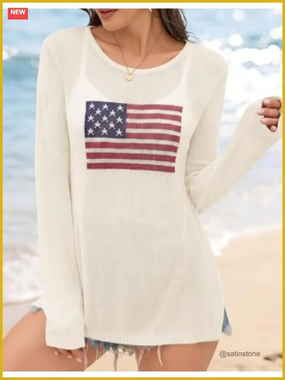 Letter Print Crochet Long Sleeve Cover Up Crew Neck Split Hem Pullover Sweater