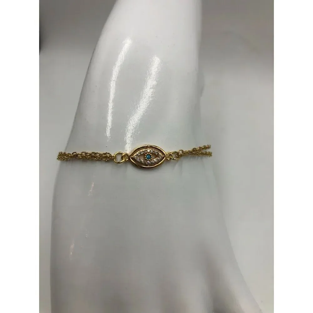 18K Gold Plated Women's Evil Eye Bracelet with Center Faux Stone Waterproof