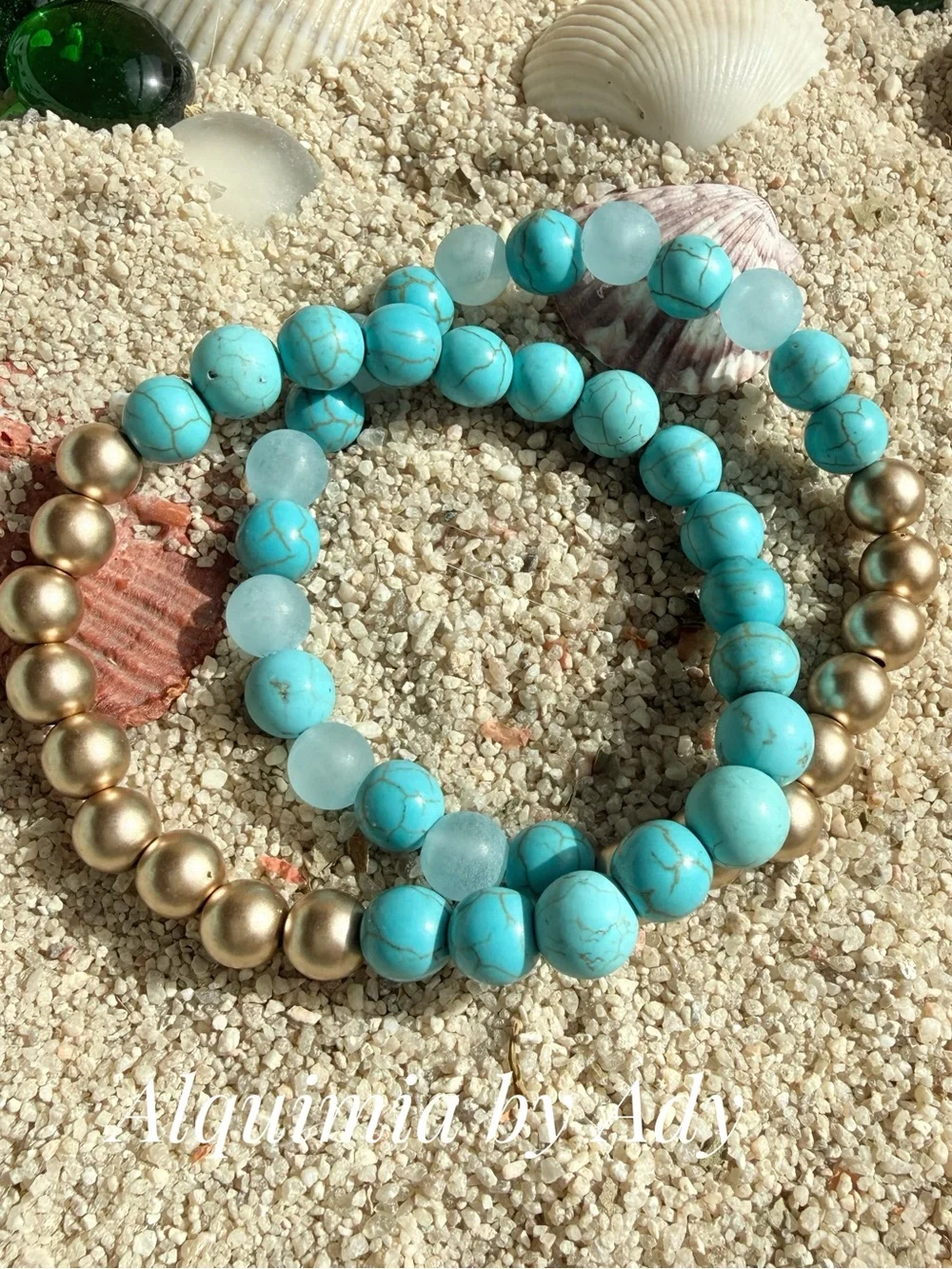 DUO + Stack +!Turquoise and Mint Beaded Bracelet with Antique-Gold