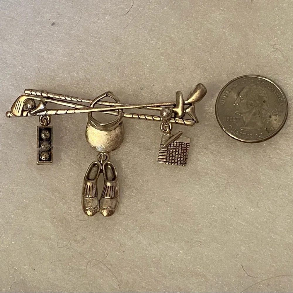 DANECRAFT BROOCH PIN GOLFERS GEAR SILVER TONE CLUBS SHOES BALLS DANGLES DROPS