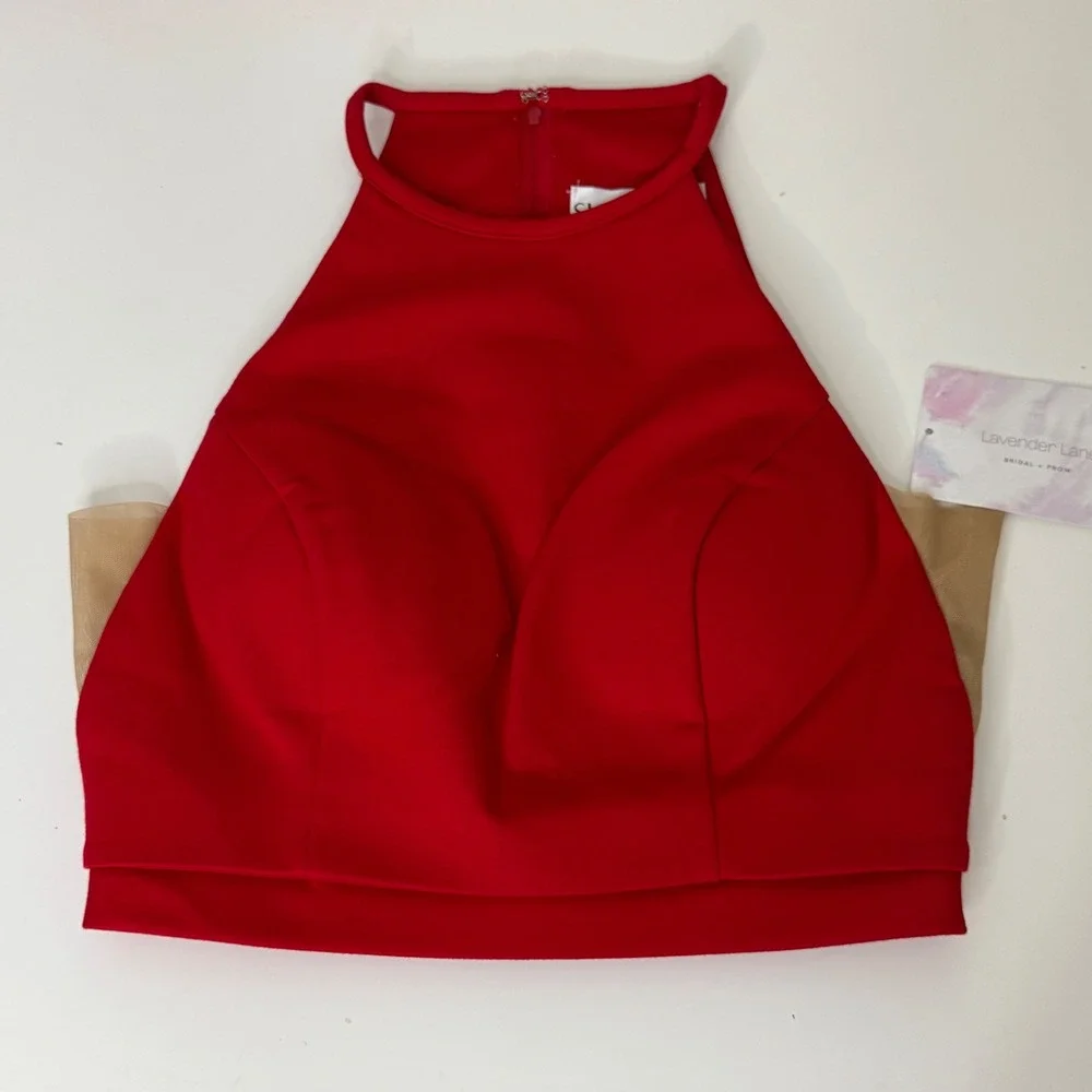 Sherri Hill Red 2 Piece Gown Halter Crop Top Mermaid Train Skirt Glam Slit‎ Sz 4
