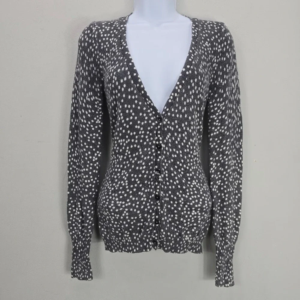 VTG Y2K Old Navy Womens‎ Cardigan Sweater Top Gray Polka-Dot Deep V Neck Preppy