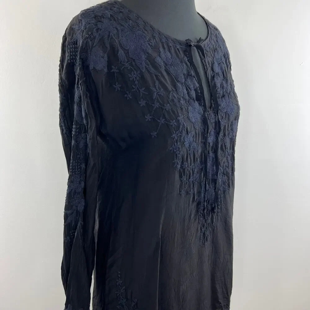 Johnny Was Black Butterfly Winter Tunic Embroidered Floral Tie Neck Women Top XS