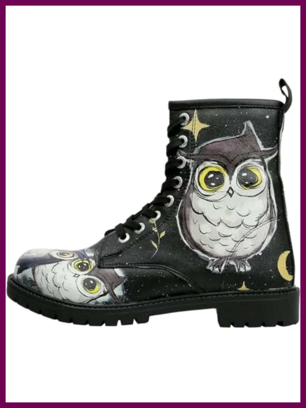 Vegan Leather Long Boots with Owl Print, Low Heel Ankle Booties, Water