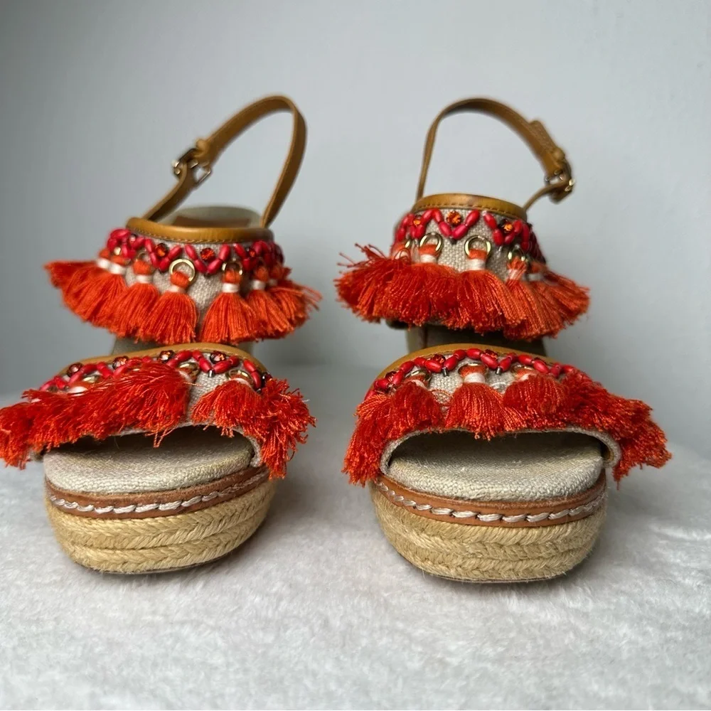 Tory Burch Vibrant Orange and Tan Espadrille Wedges Sandals