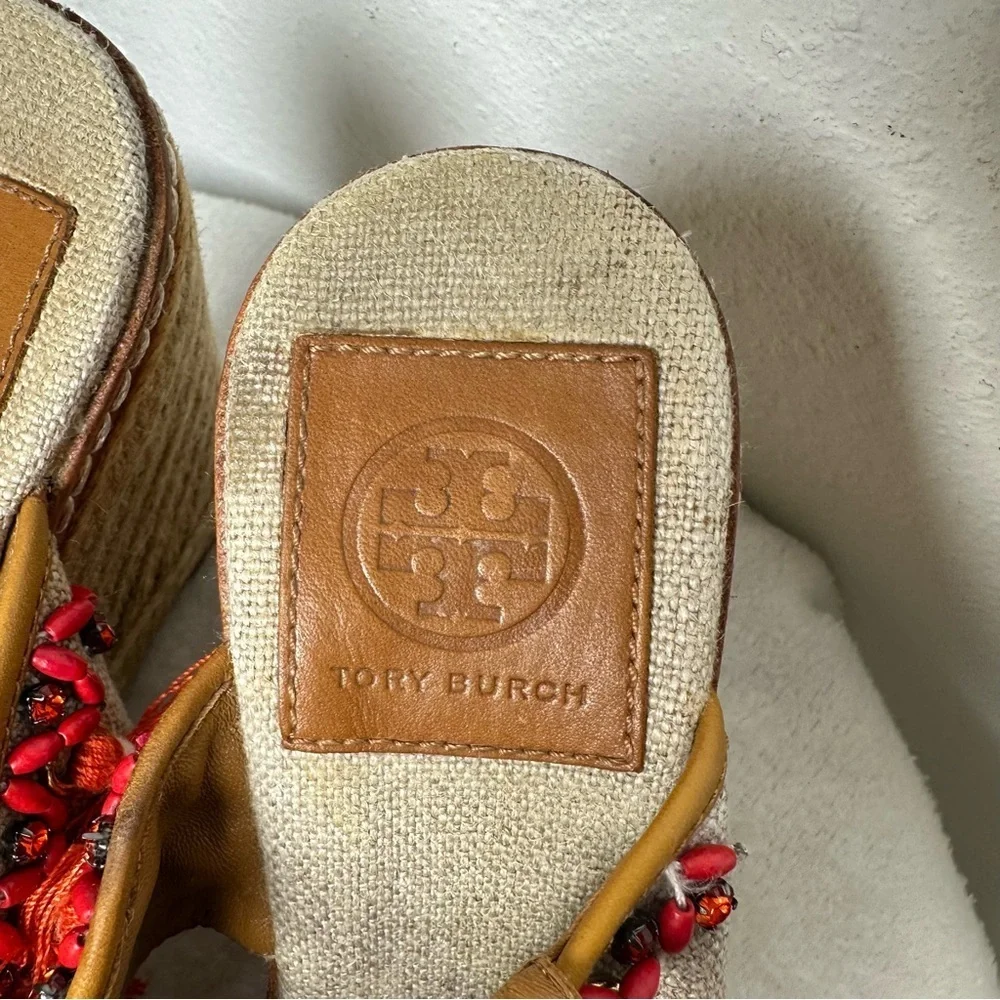 Tory Burch Vibrant Orange and Tan Espadrille Wedges Sandals