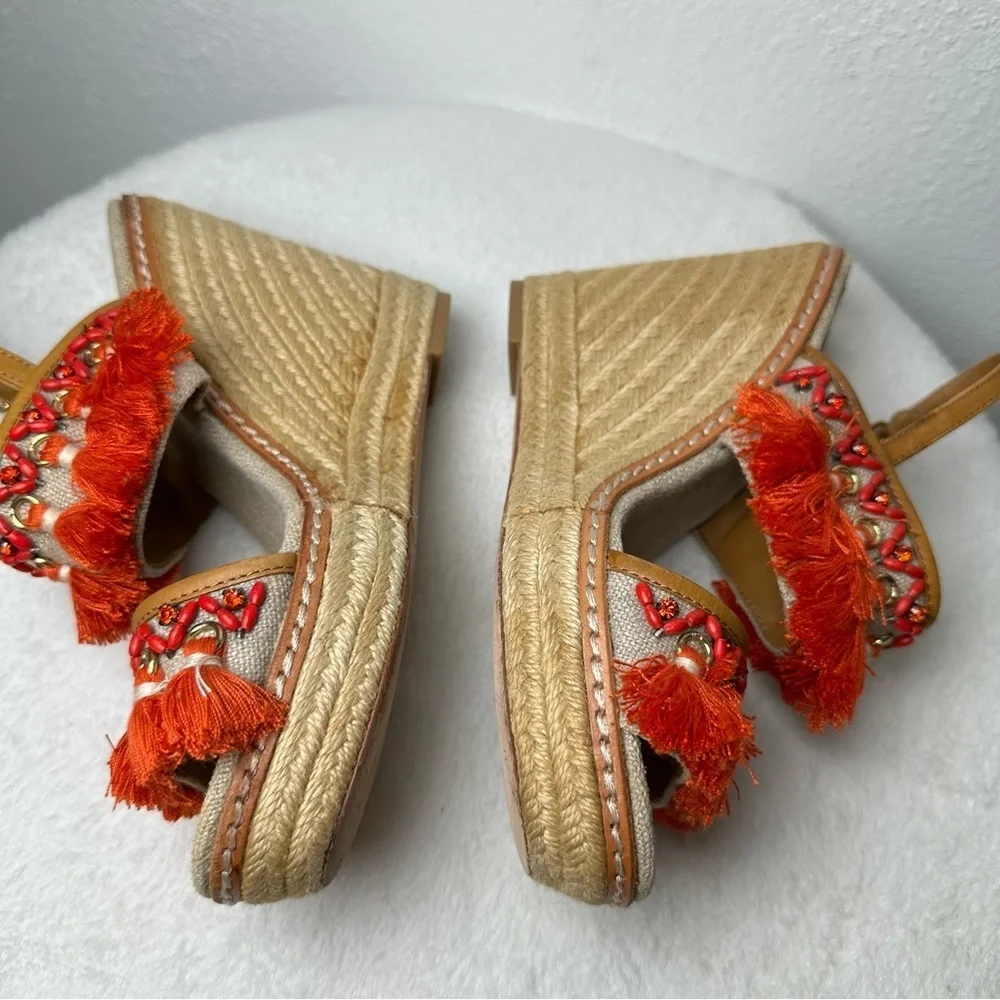 Tory Burch Vibrant Orange and Tan Espadrille Wedges Sandals