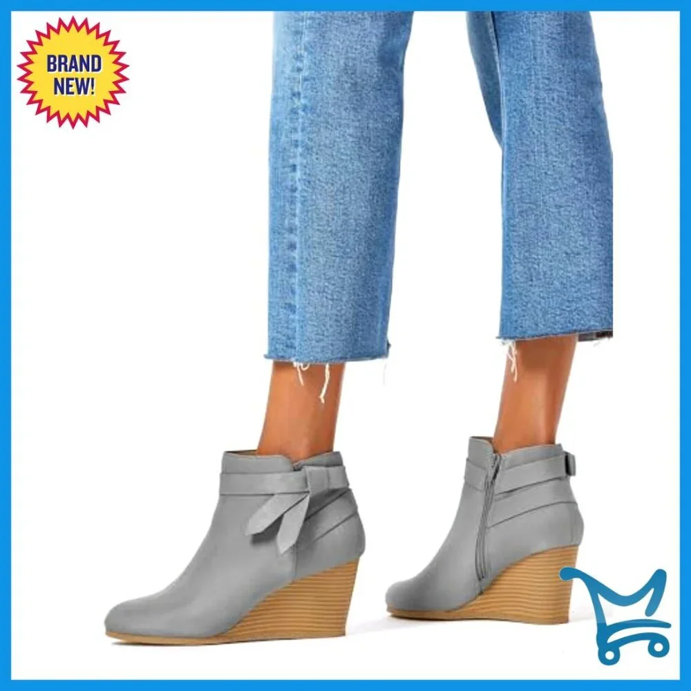 Wedge Ankle Boots with Side Zipper and Bow Tie, Stacked Heel