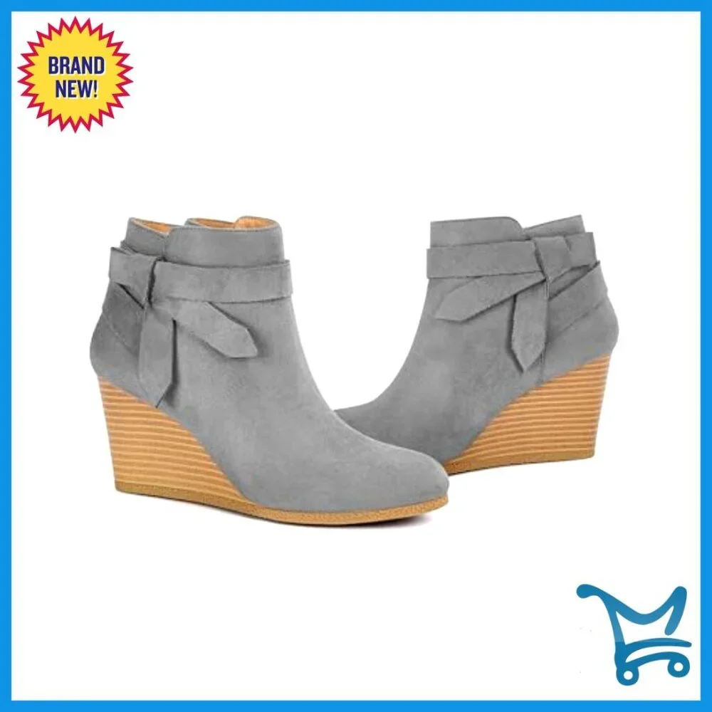 Wedge Ankle Boots with Side Zipper and Bow Tie, Stacked Heel