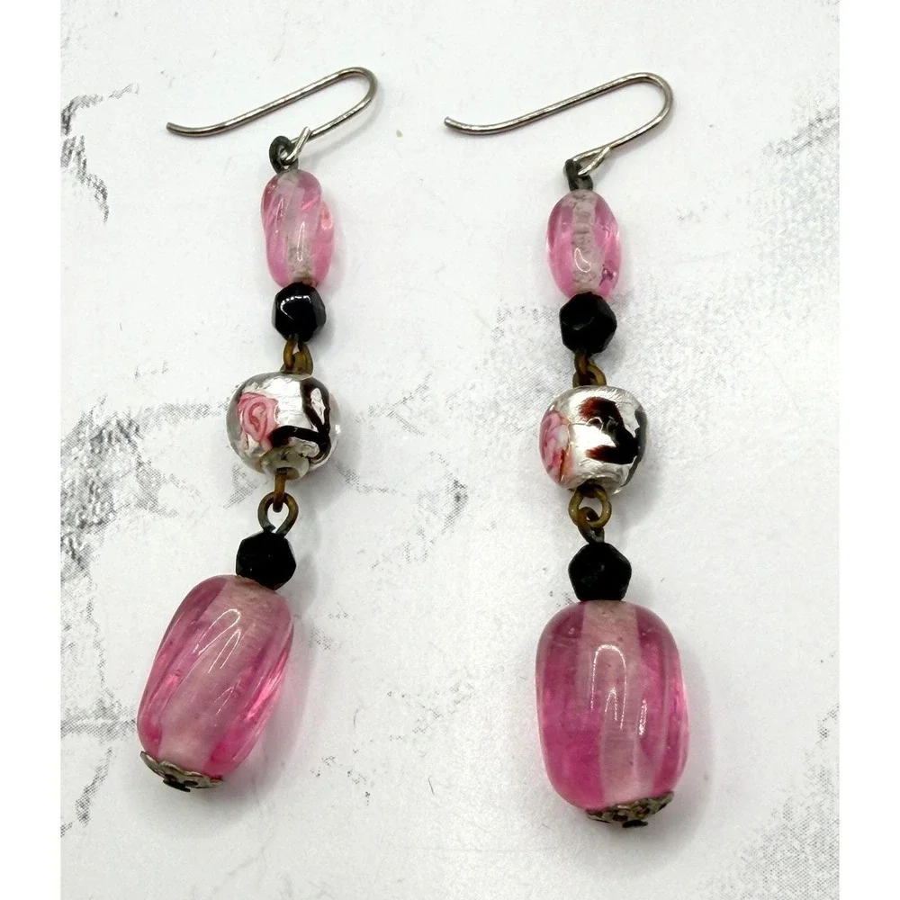Boho Pink Glass Bead Dangle Drop Earrings‎ Spring Jewelry Garden Party