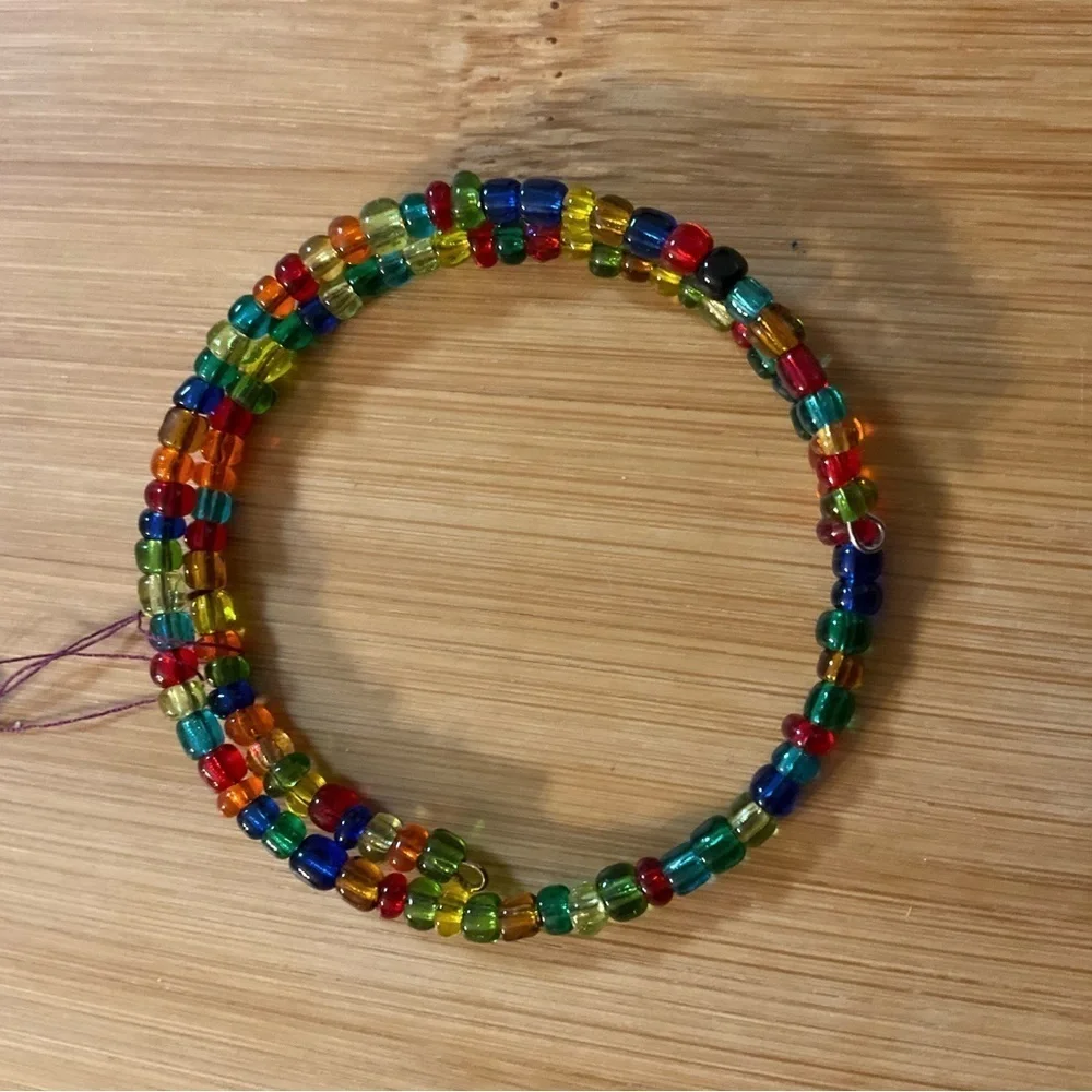 Hand Crafted Wrap Bracelet Seed Beads Blue Green Red Orange Memory Wire