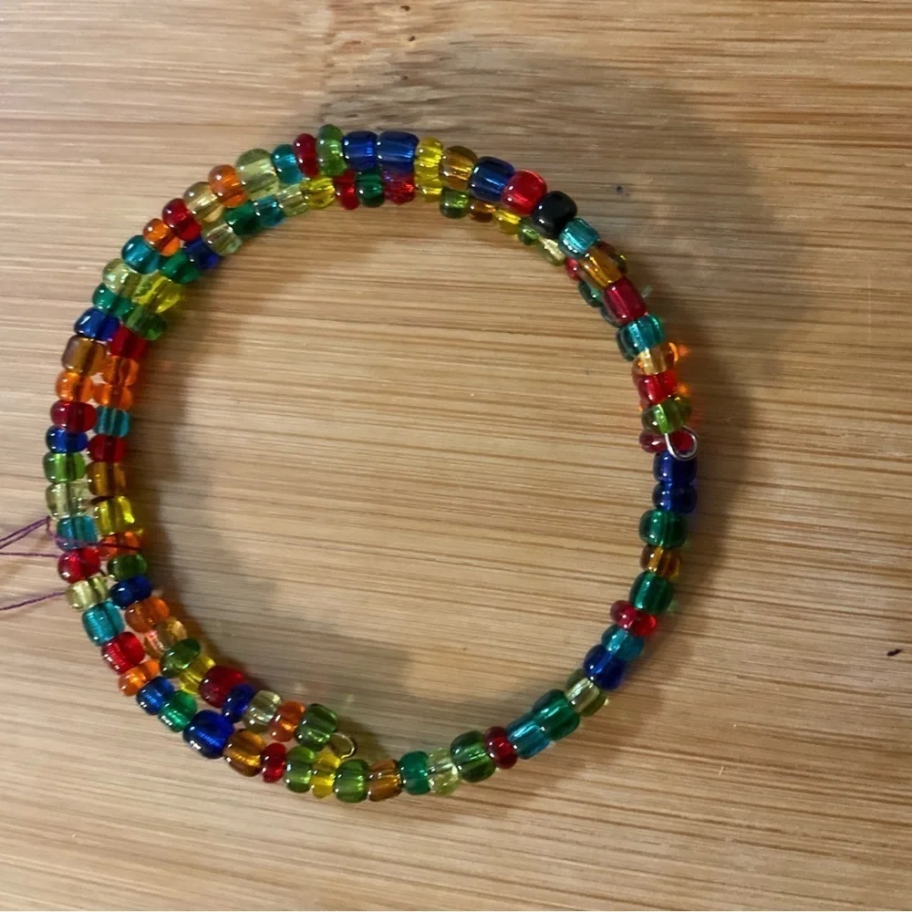 Hand Crafted Wrap Bracelet Seed Beads Blue Green Red Orange Memory Wire