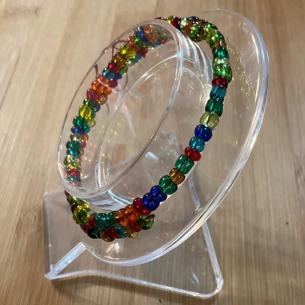 Hand Crafted Wrap Bracelet Seed Beads Blue Green Red Orange Memory Wire