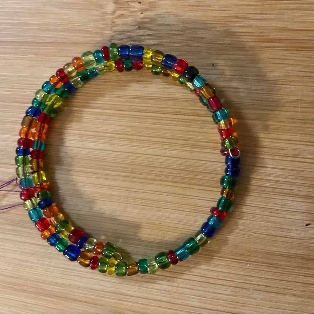 Hand Crafted Wrap Bracelet Seed Beads Blue Green Red Orange Memory Wire