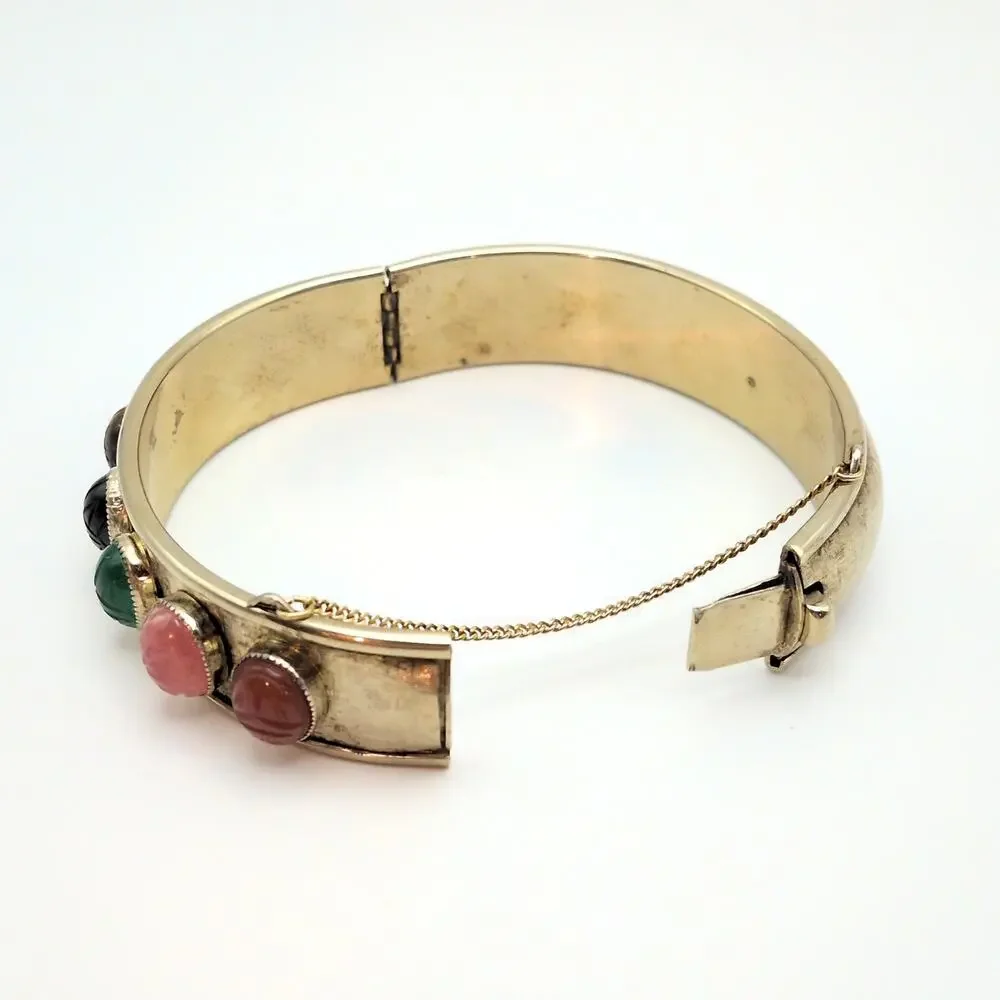 Vintage Gemstone Scarab Hinge Bangle Bracelet Gold Tone With Safety Chain