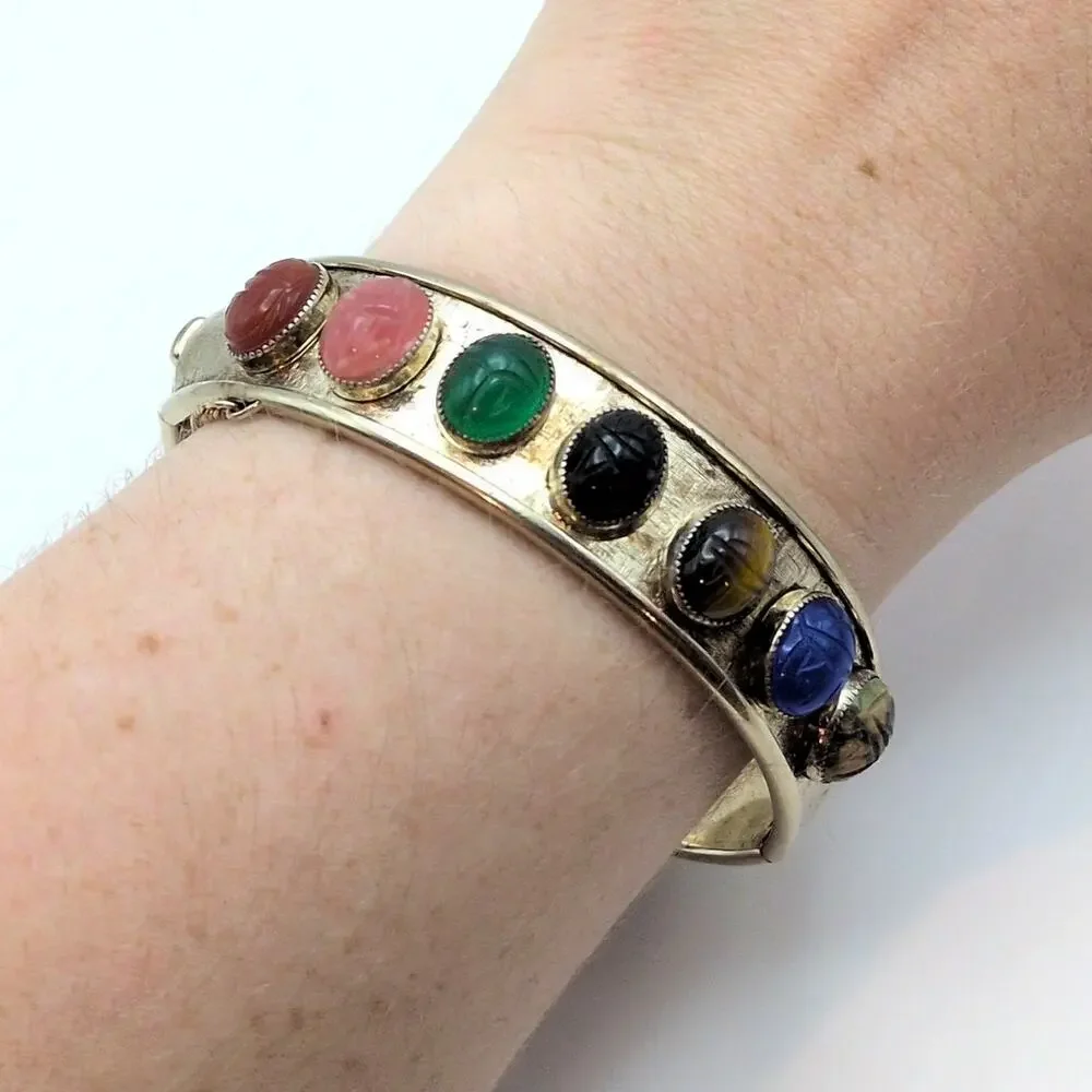 Vintage Gemstone Scarab Hinge Bangle Bracelet Gold Tone With Safety Chain