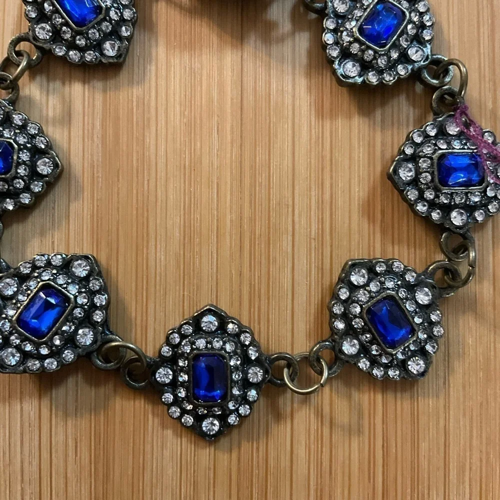 Hand Crafted Bracelet Blue Crystals Clear Rhinestones Bronze Magnetic Clasp