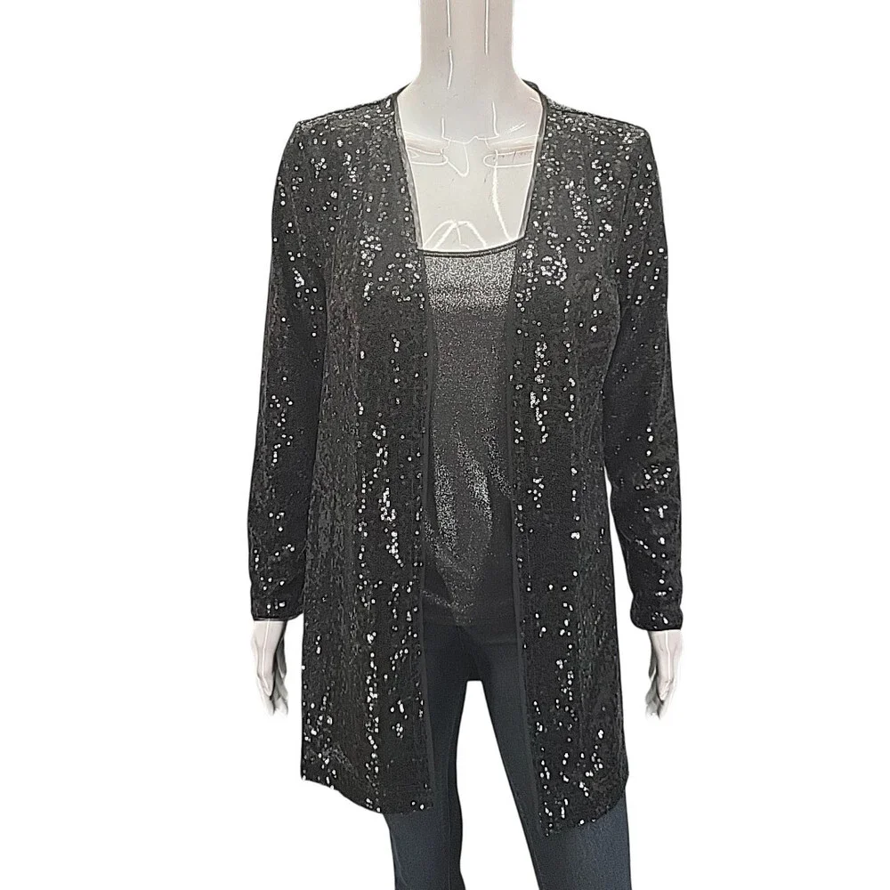 Isaac Mizrahi Live Trendy Sequin Dressy Party Open Cardigan X-Small Size Black