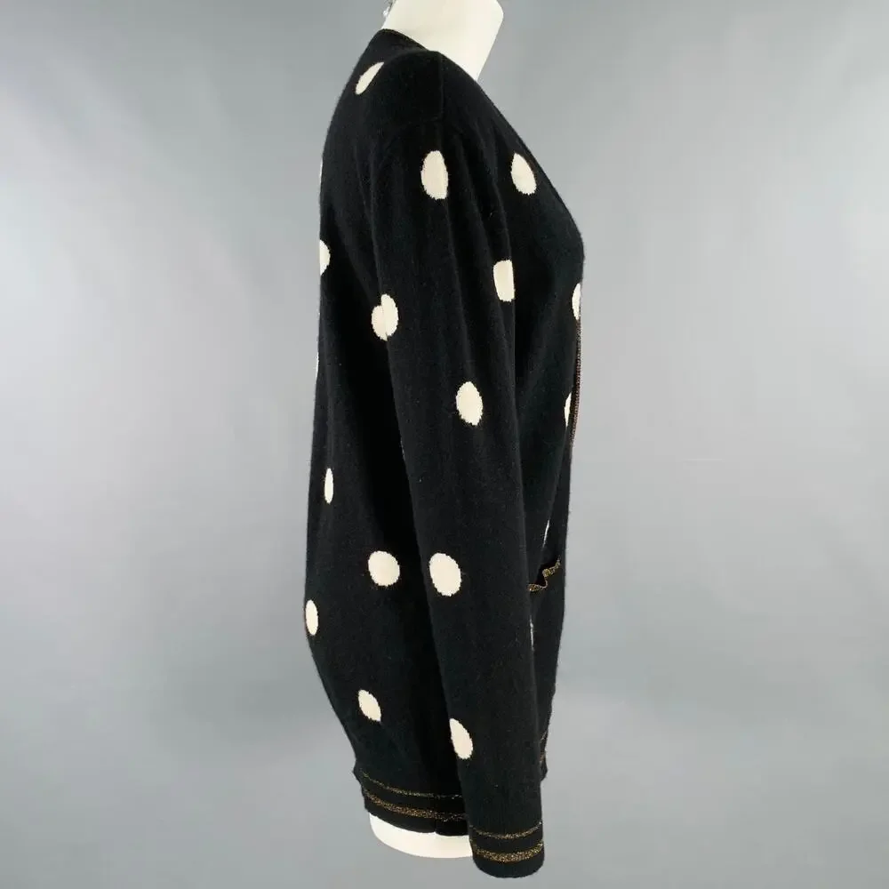 LE SUPERBE Size S Black White Wool Cashmere Polka Dot V-Neck Cardigan