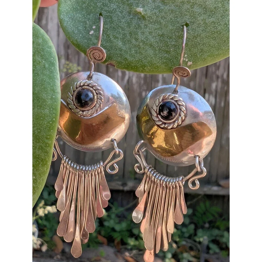 Vintage Mixed Metal Onyx Earrings