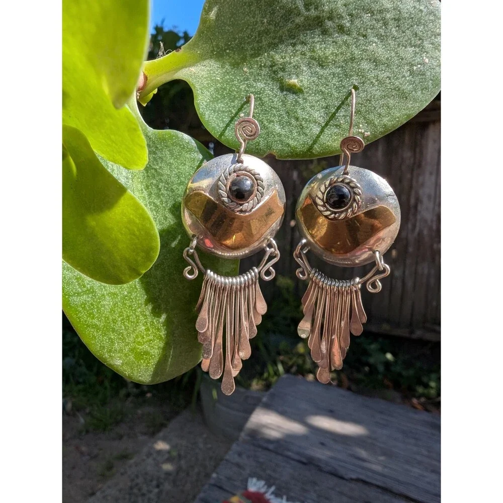 Vintage Mixed Metal Onyx Earrings