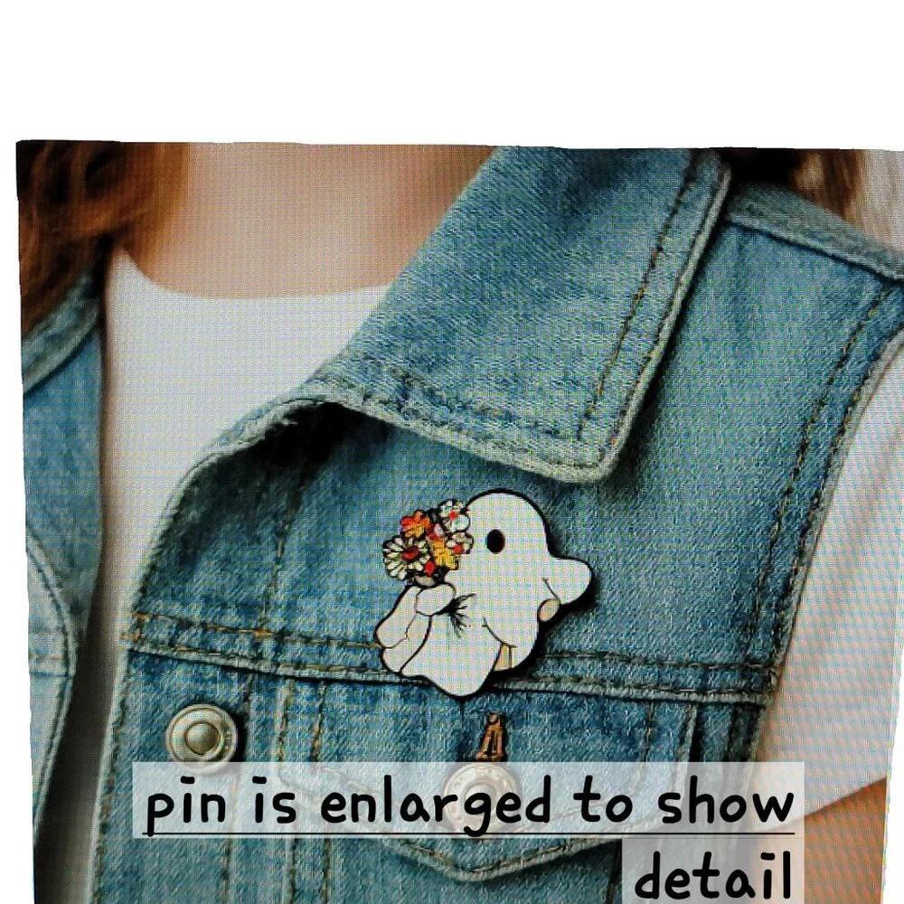 Halloween Flower Enamel Ghost Tac Pin White Black One Inch Wide Unisex