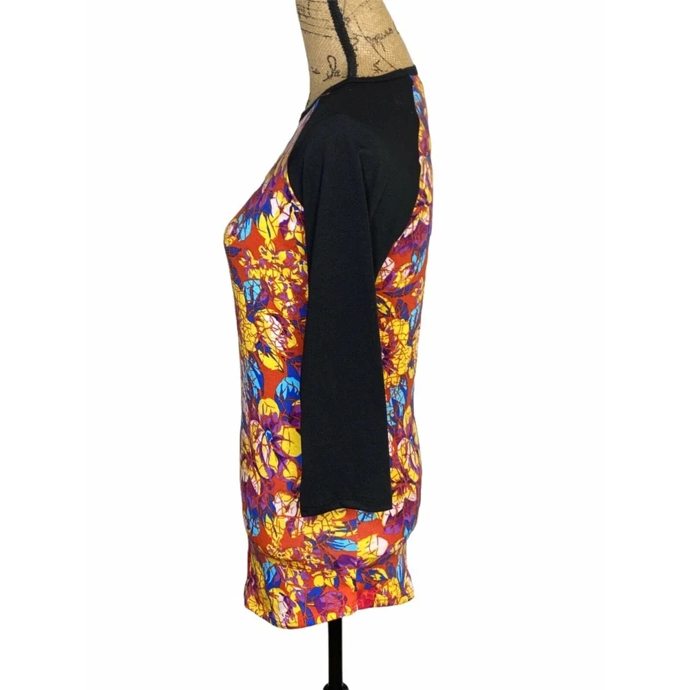 LuLaRoe Randy Baseball Tee XXS Orange Floral Abstract 3/4 Sleeve Raglan Shirt