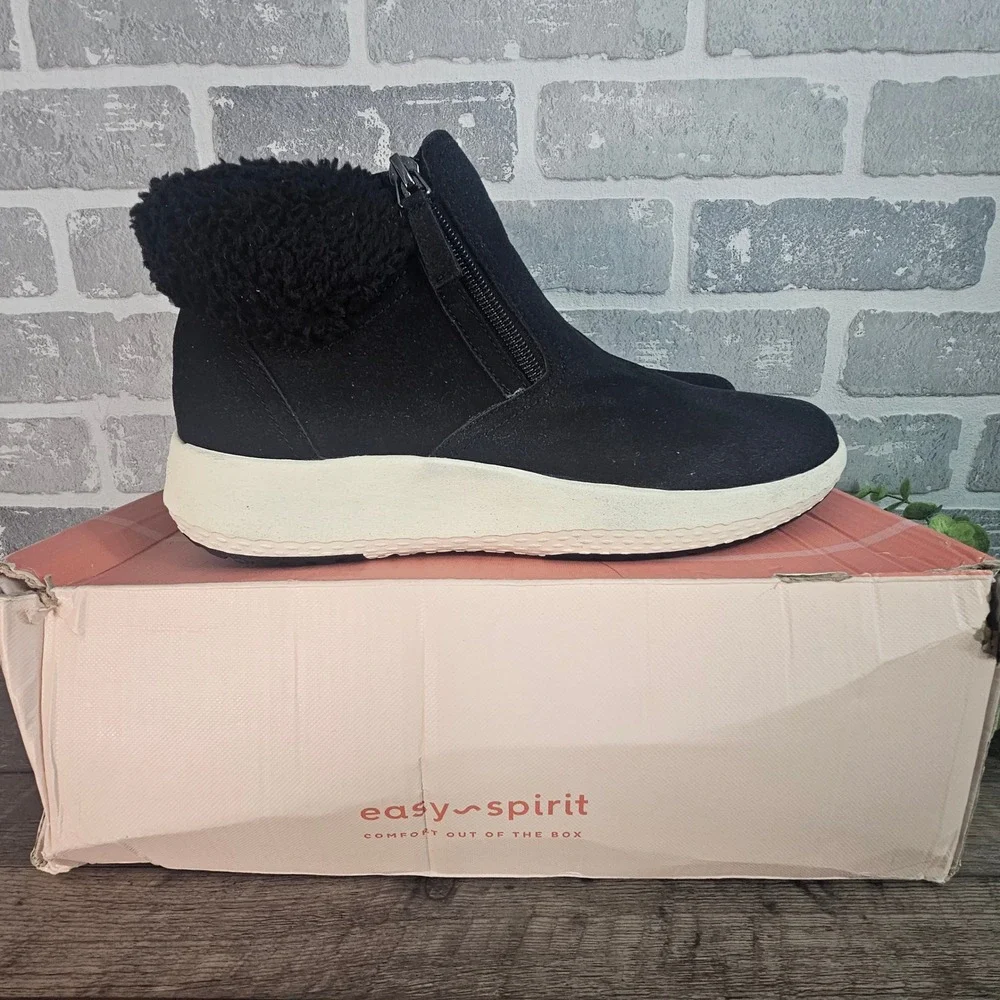 Easy Spirit SEELIN3‎ Faux Fur Lined Zip Ankle Boots Black Comfort Shoes 9.5M NIB