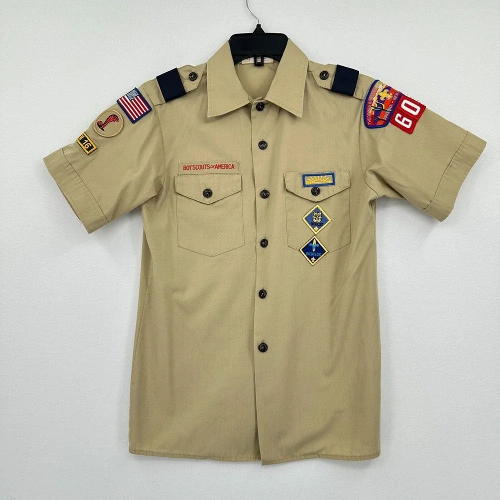 Vintage Boy Scout Of America Shirt Youth Large Tan Button Up Uniform Patches USA
