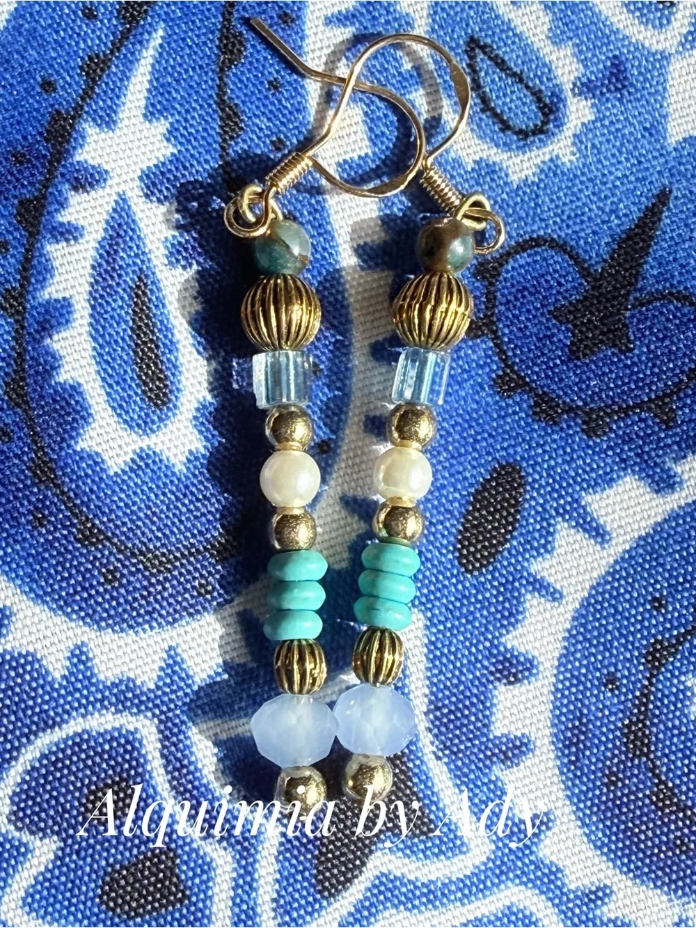 Lapis bronze beaded long Turquoise Drop Earrings