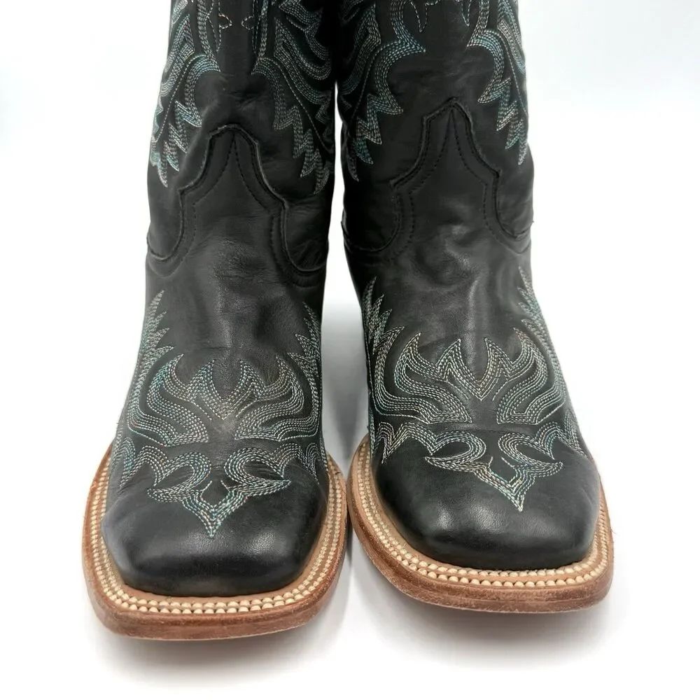 Stetson Black Leather Western Cowboy Boots Women’s US 8 Blue Embroidered Square