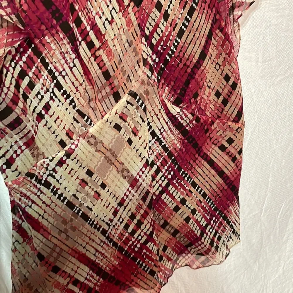 Nine West 22w 💯silk cap sleeve lined blouse bias cut plaid neckline bow euc