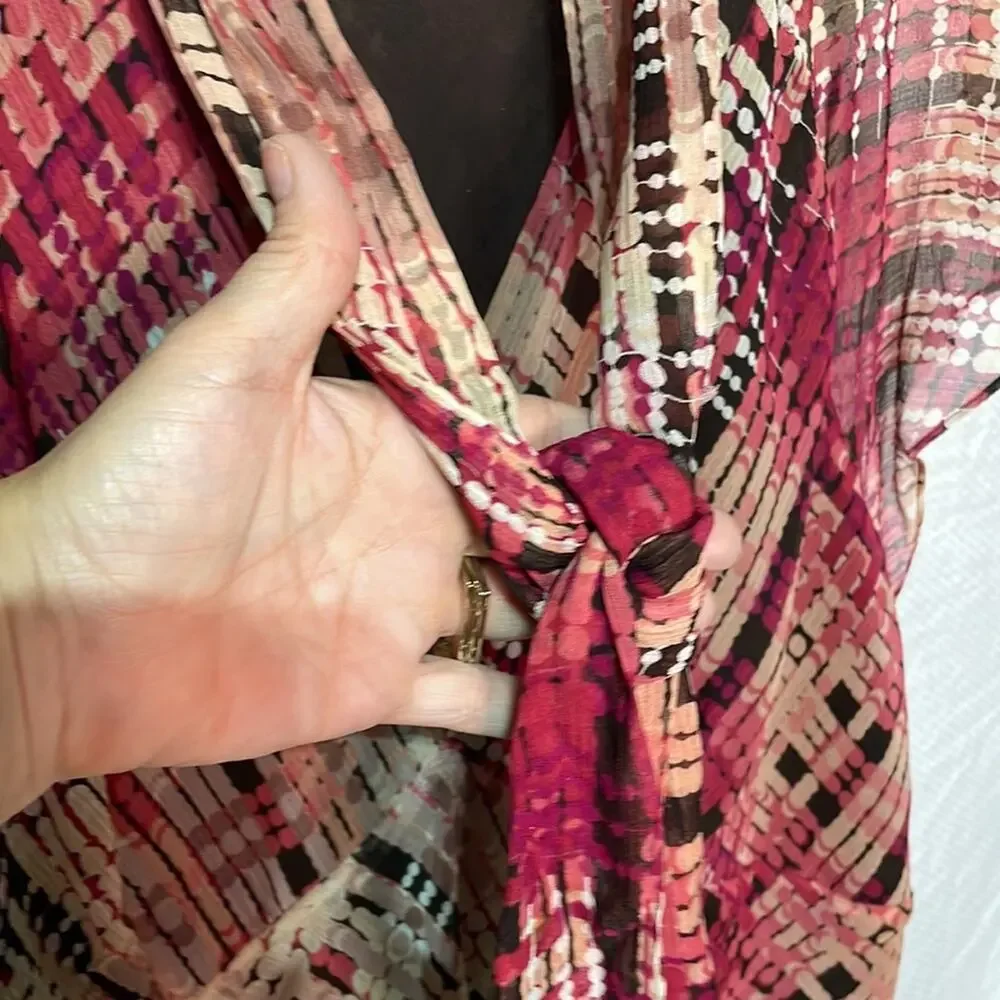 Nine West 22w 💯silk cap sleeve lined blouse bias cut plaid neckline bow euc