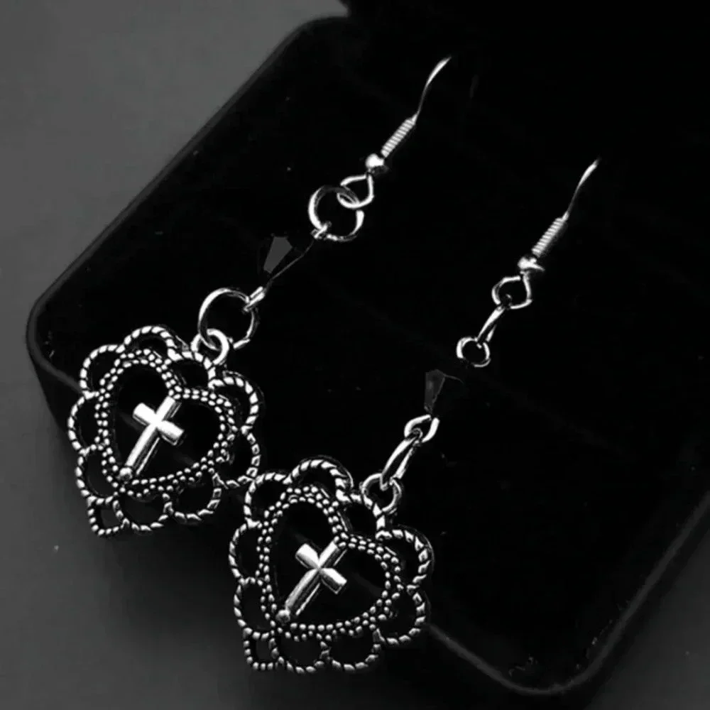 1 pair ladies black dark silver dangle drop goth punk cross pendant earrings