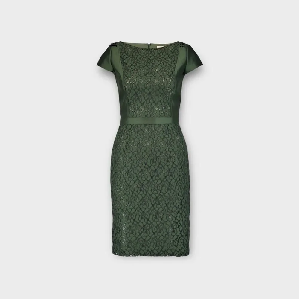 Tory Burch Mariana Sheath Dress Women's 6 Green Wool Silk Satin Lace Accent