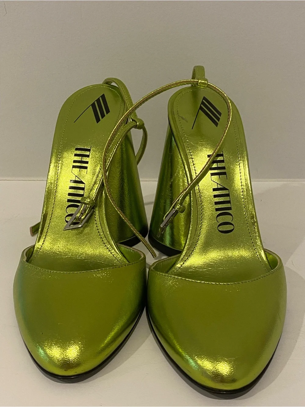 The Attico Luz Leather Metallic Lime Green Ankle-Strap Pumps, Size 7.5