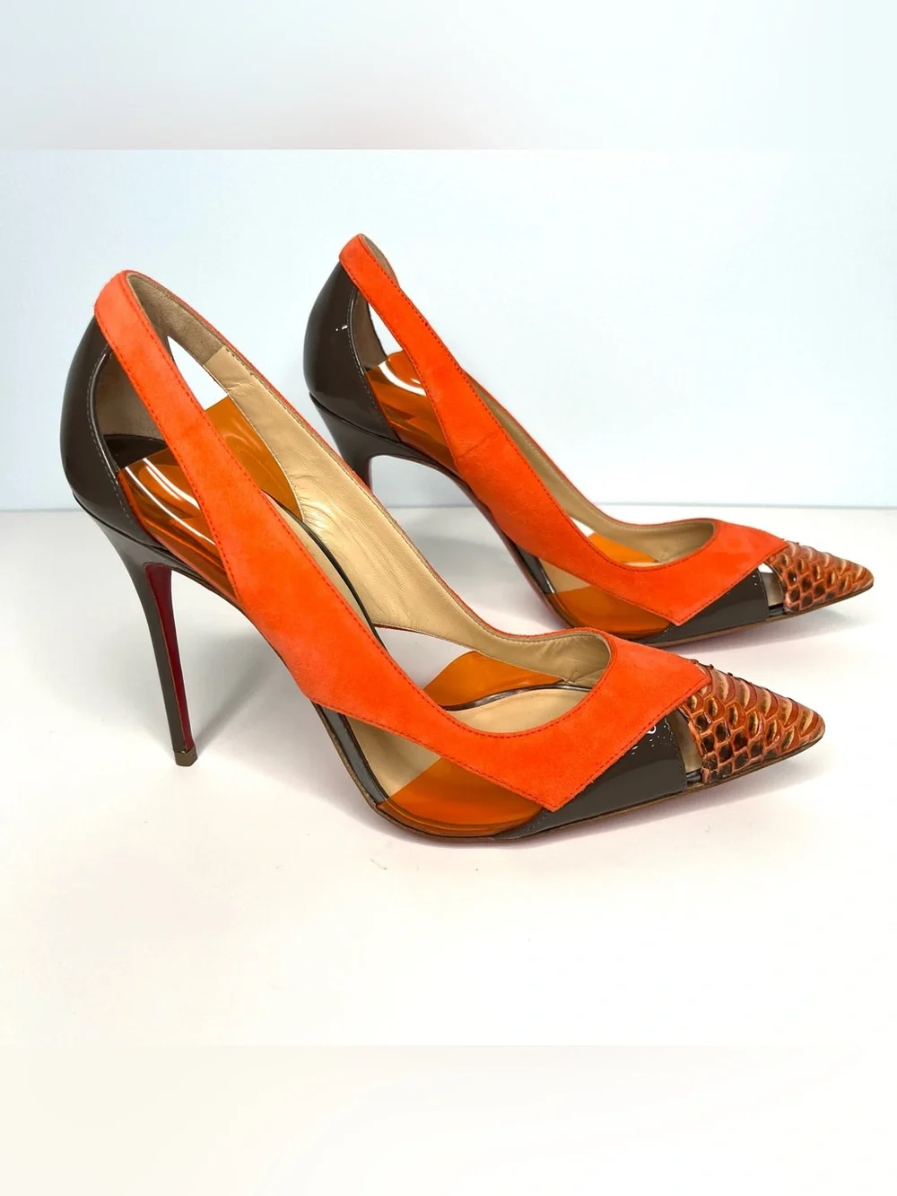 NEW Christian Louboutin Women's Size 36 Orange Suede Snake Pumps Stiletto Heels