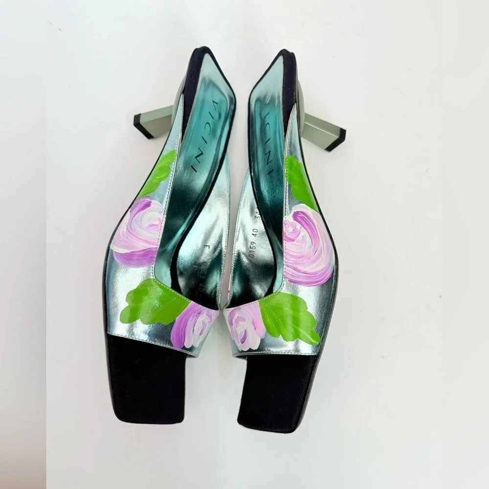 Vicini by Giuseppe Zanotti Y2K Black Metallic blue floral square toe mules EU 40