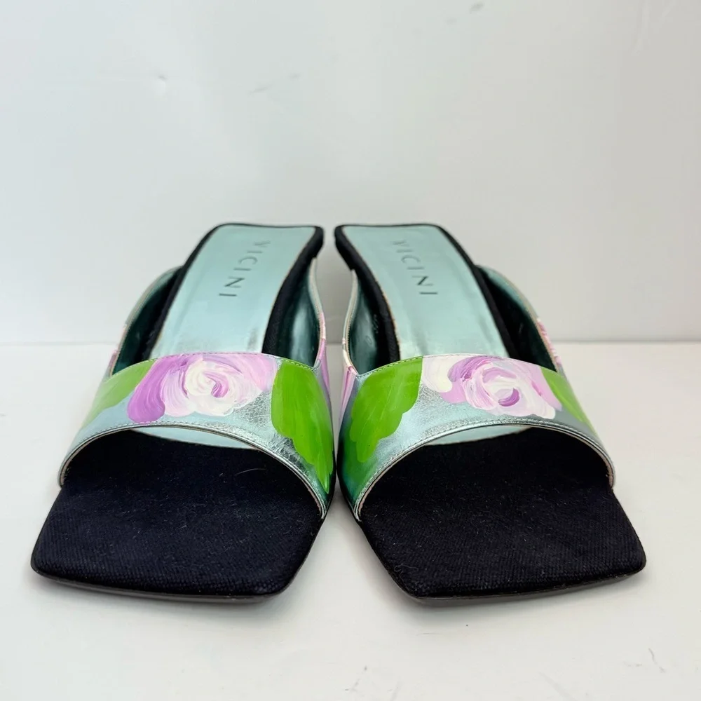 Vicini by Giuseppe Zanotti Y2K Black Metallic blue floral square toe mules EU 40