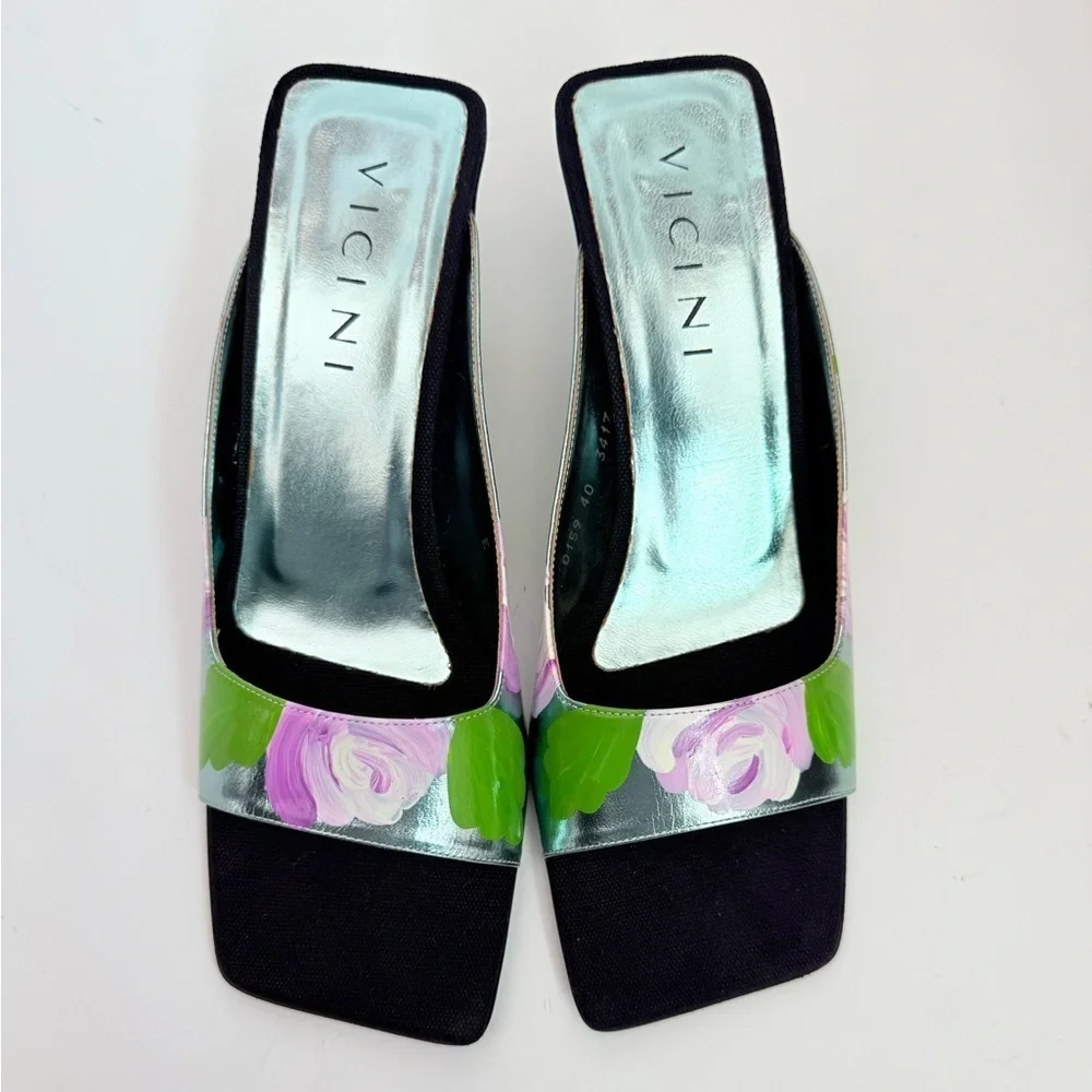 Vicini by Giuseppe Zanotti Y2K Black Metallic blue floral square toe mules EU 40