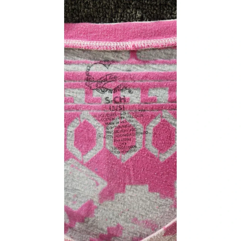 No Boundaries Womens Pink Purple Aztec Geometric V-Neck T-Shirt Size Small 3/5
