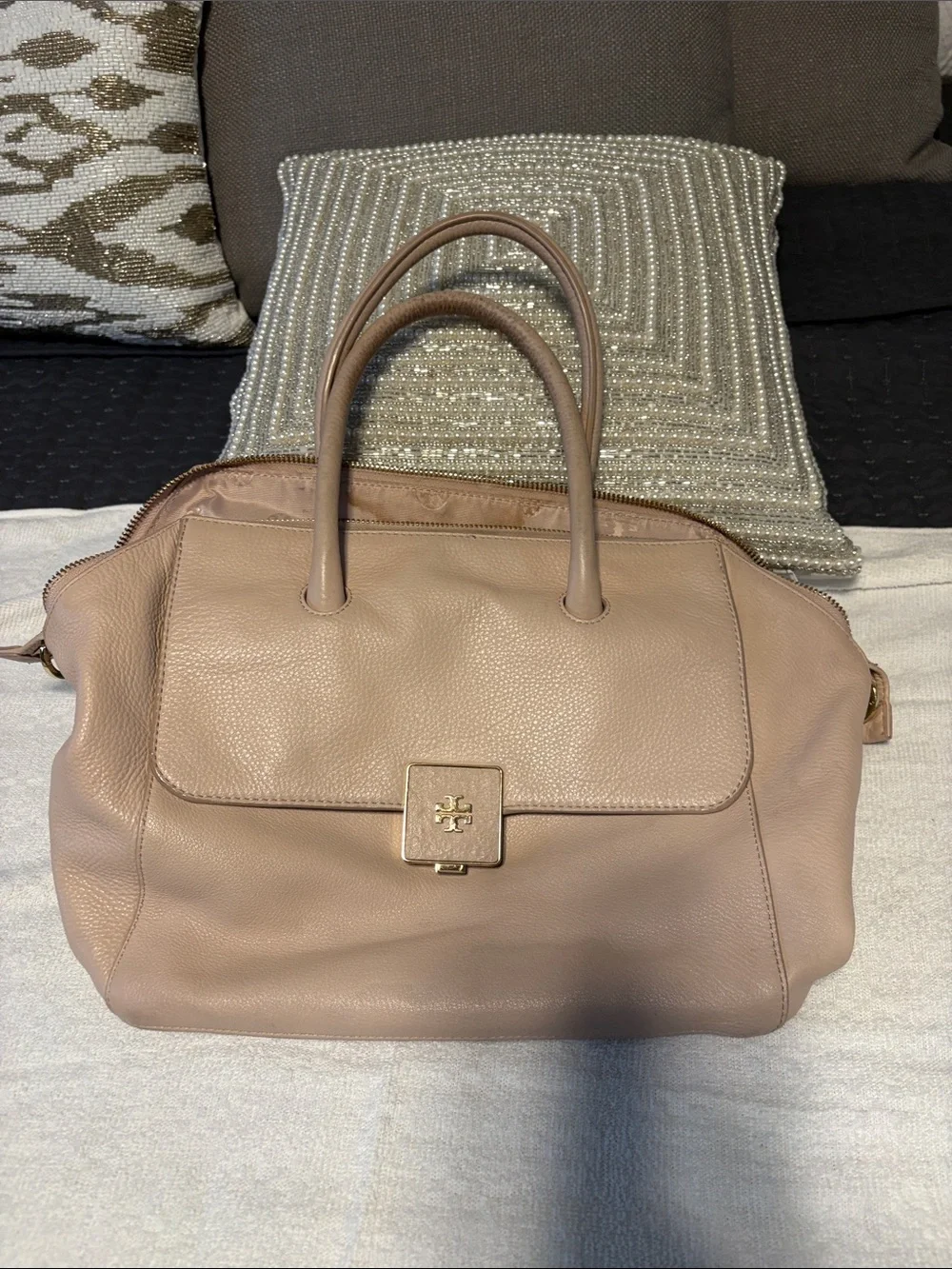 Tory Burch Blush Taupe Leather Satchel with Gold Hardware