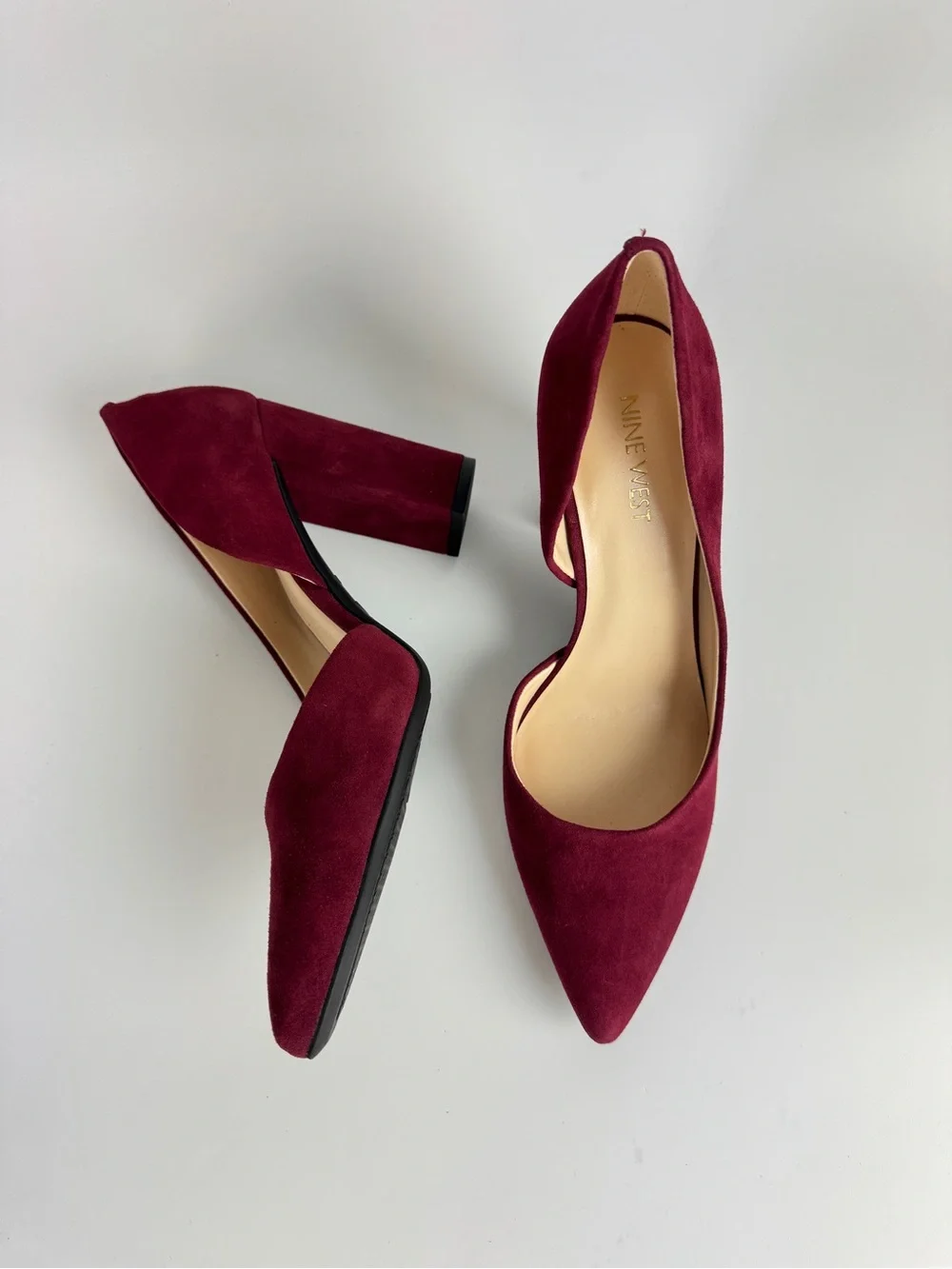 Nine West Burgundy Suede Pointed Block Heel Pumps