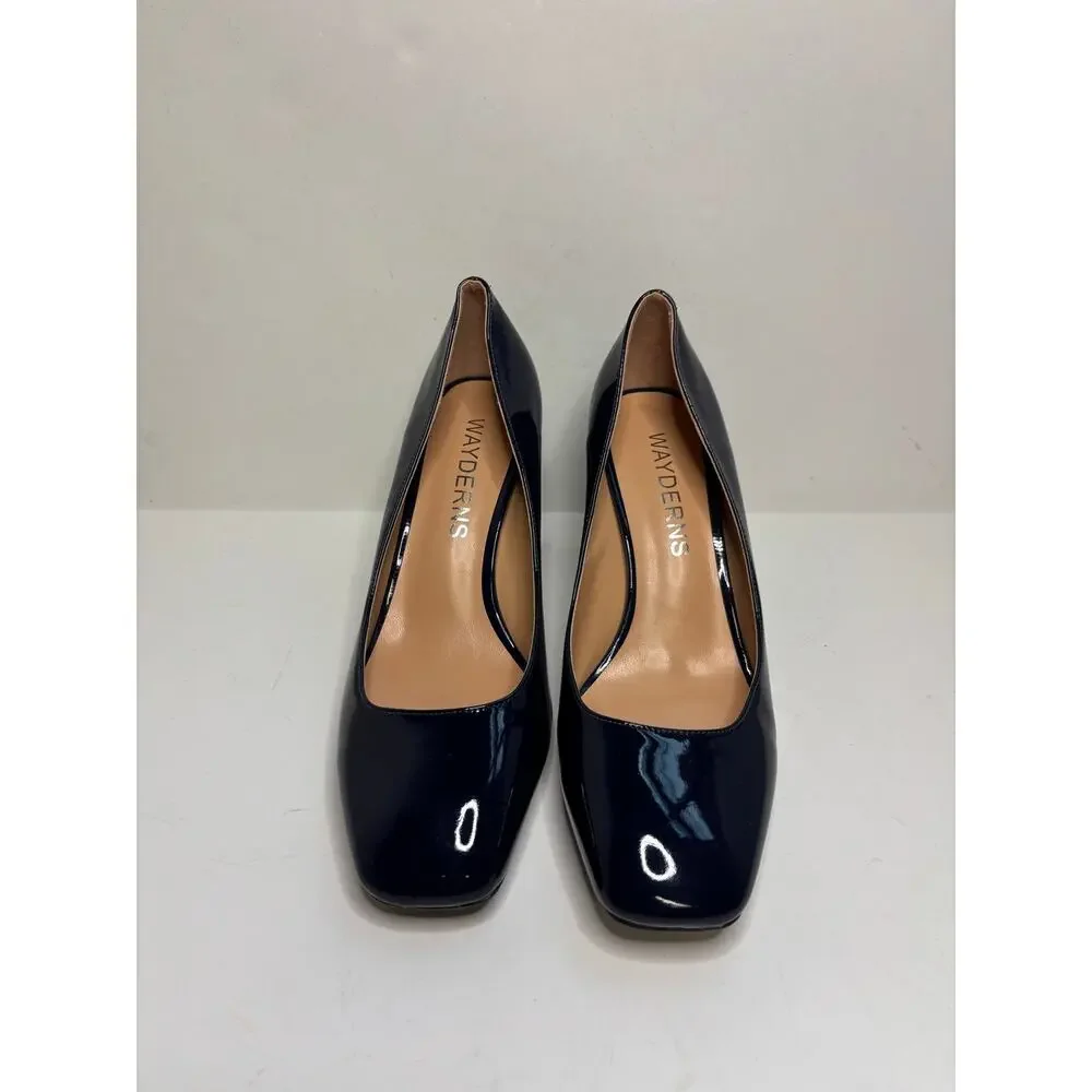 Wayderns Vintage Patent Leather Navy Blue Block Heel Pumps Womens 8.5 NIB