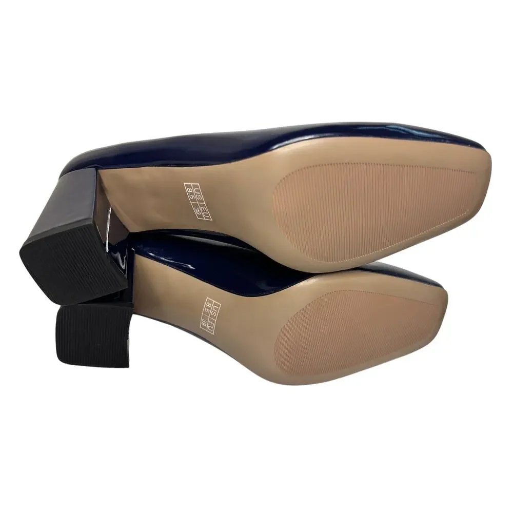Wayderns Vintage Patent Leather Navy Blue Block Heel Pumps Womens 8.5 NIB