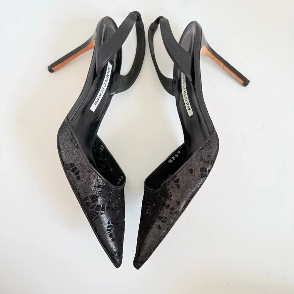 Manolo Blahnik Carolyne Slingback Pumps Black Metallic Jacquard laser cut EU 41