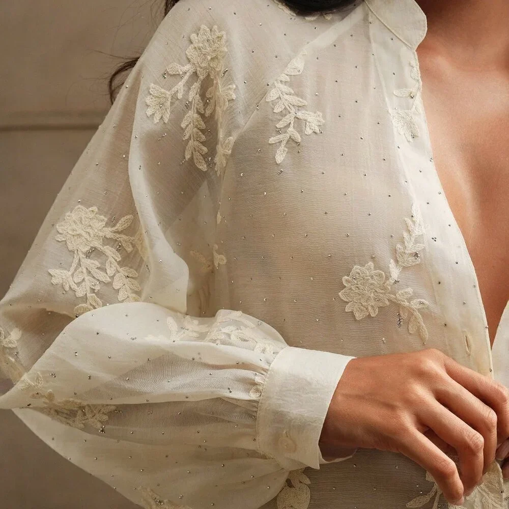 Apricot Elegant Women's V-Neck Lantern Sleeve Rhinestone Holiday Shirt
