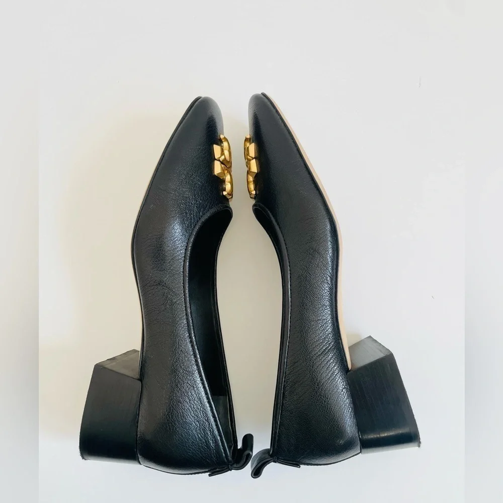 Tory Burch Black Leather Eleanor Logo Plaque square toe pumps 10.5